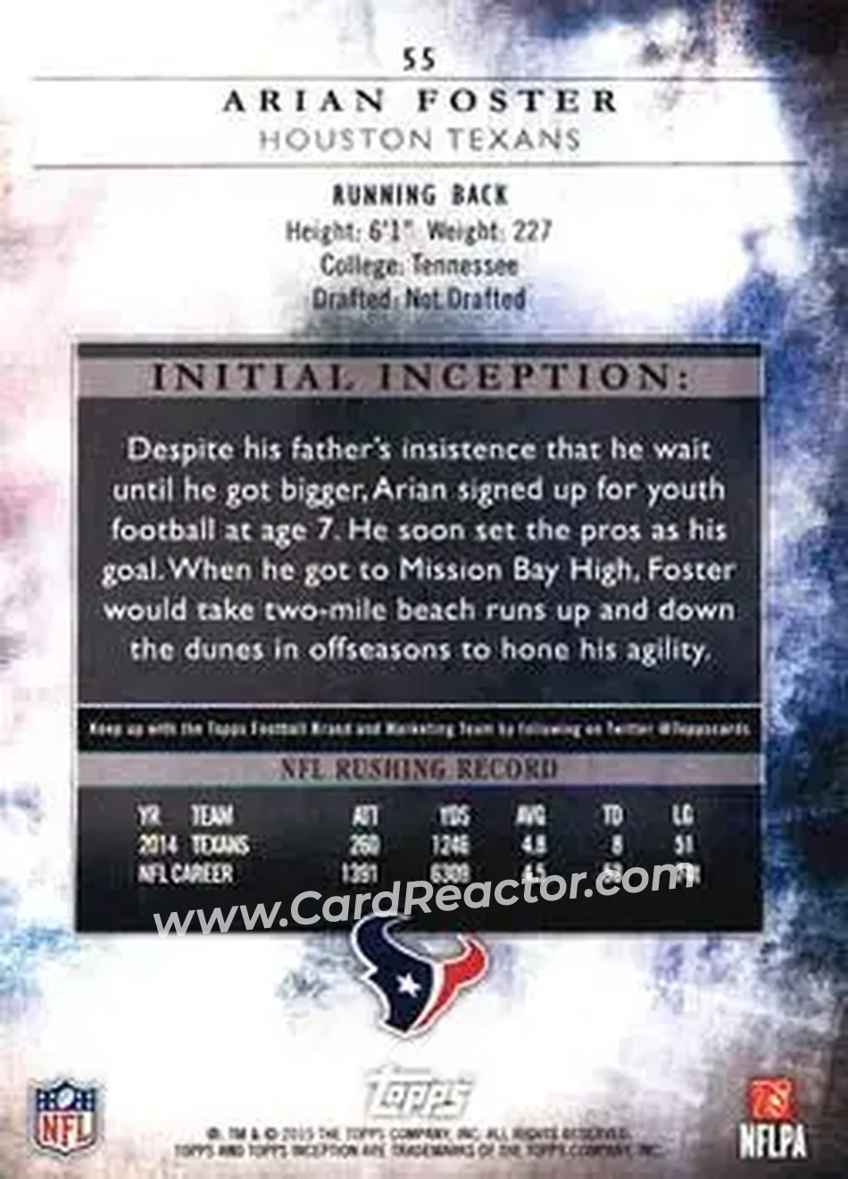 2015 Topps Inception #55 - Arian Foster - Houston Texans - Back