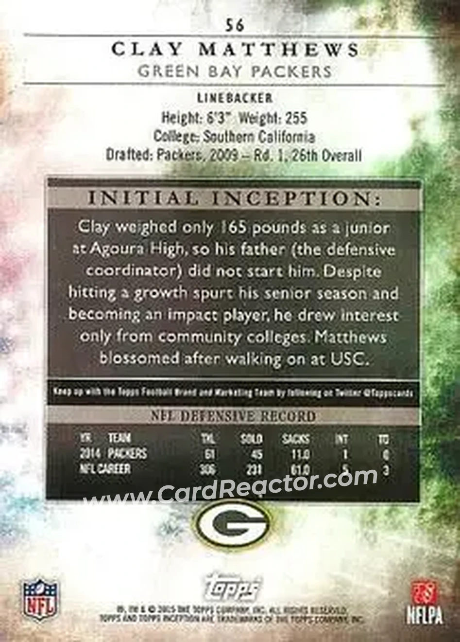 2015 Topps Inception #56 - Clay Matthews - Green Bay Packers - Back