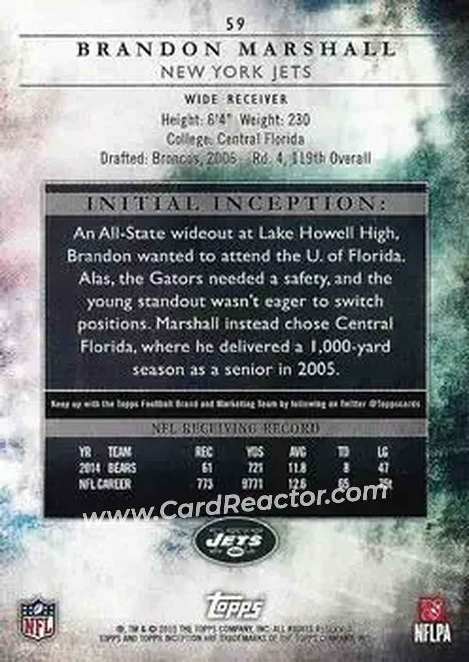 2015 Topps Inception #59 - Brandon Marshall - New York Jets - Back
