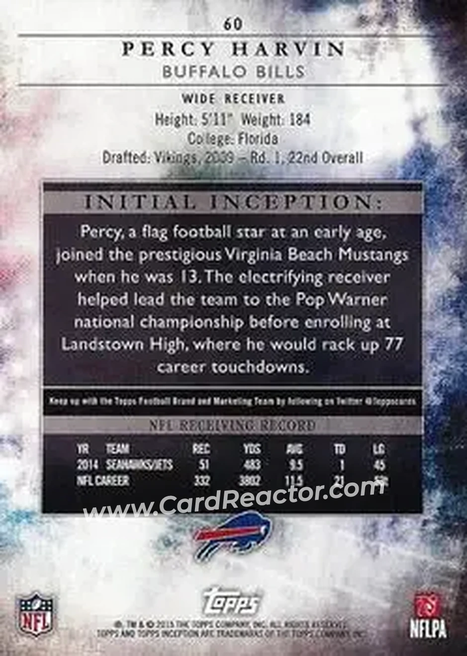 2015 Topps Inception #60 - Percy Harvin - Buffalo Bills - Back