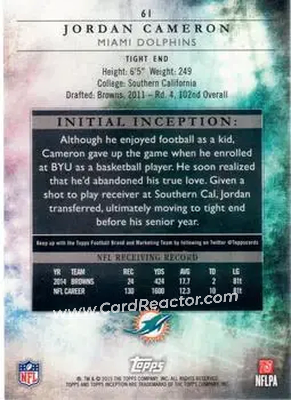 2015 Topps Inception #61 - Jordan Cameron - Miami Dolphins - Back