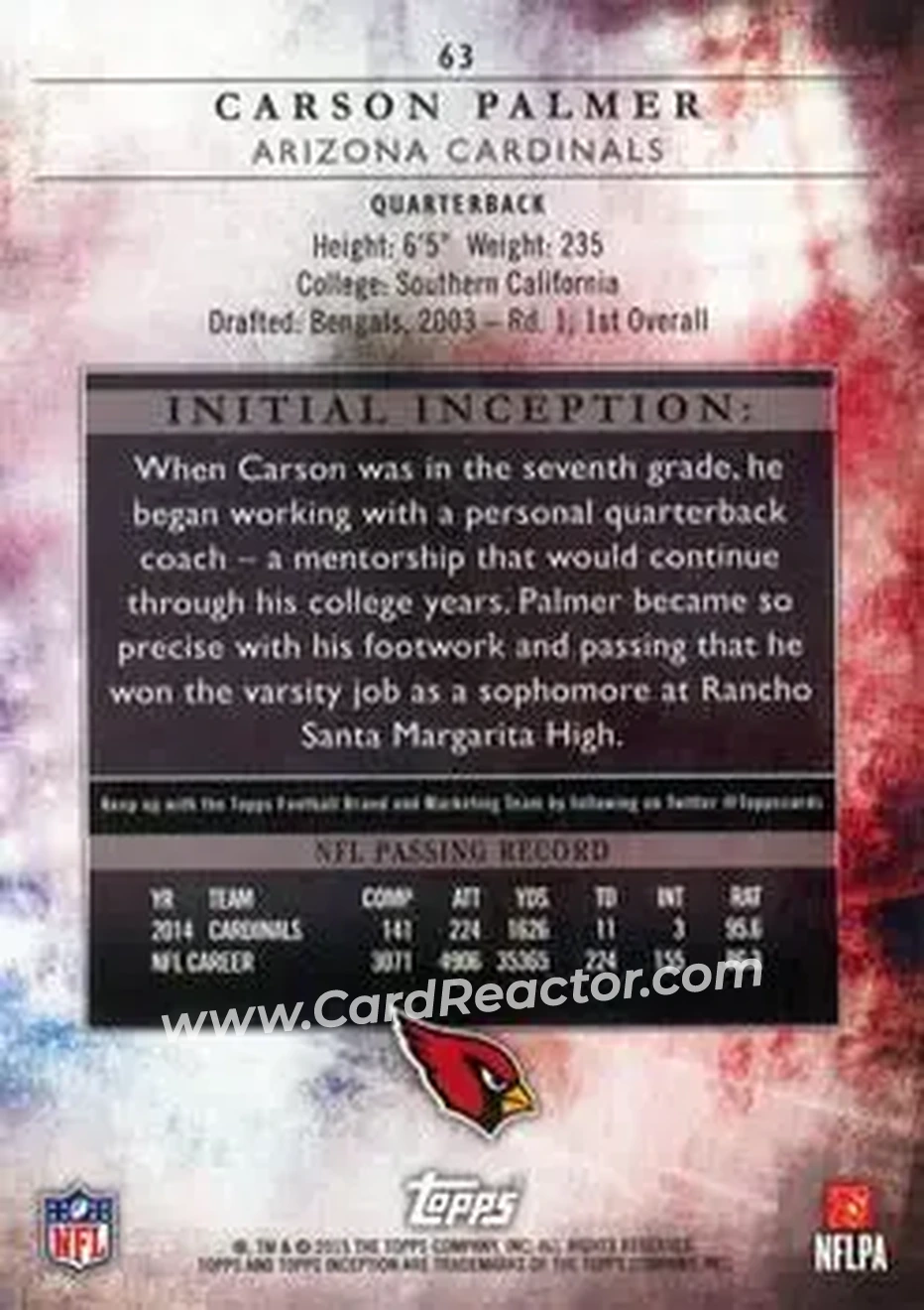 2015 Topps Inception #63 - Carson Palmer - Arizona Cardinals - Back