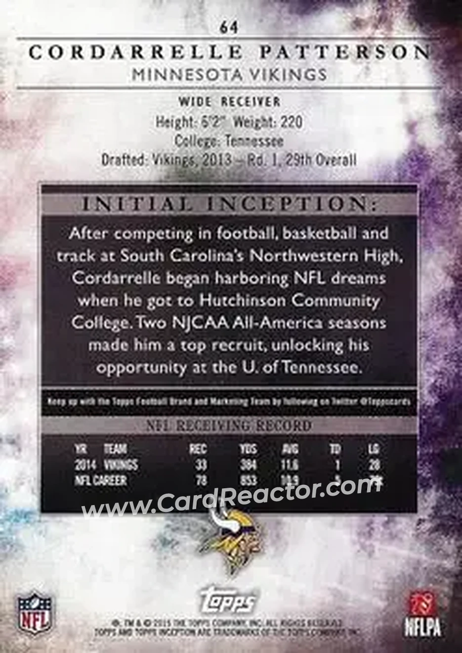 2015 Topps Inception #64 - Cordarrelle Patterson - Minnesota Vikings - Back
