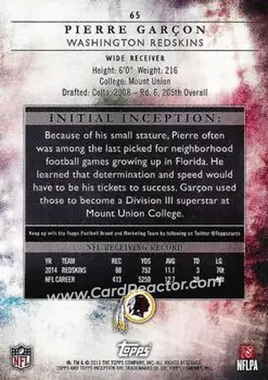 2015 Topps Inception #65 - Pierre Garcon - Washington Redskins - Back