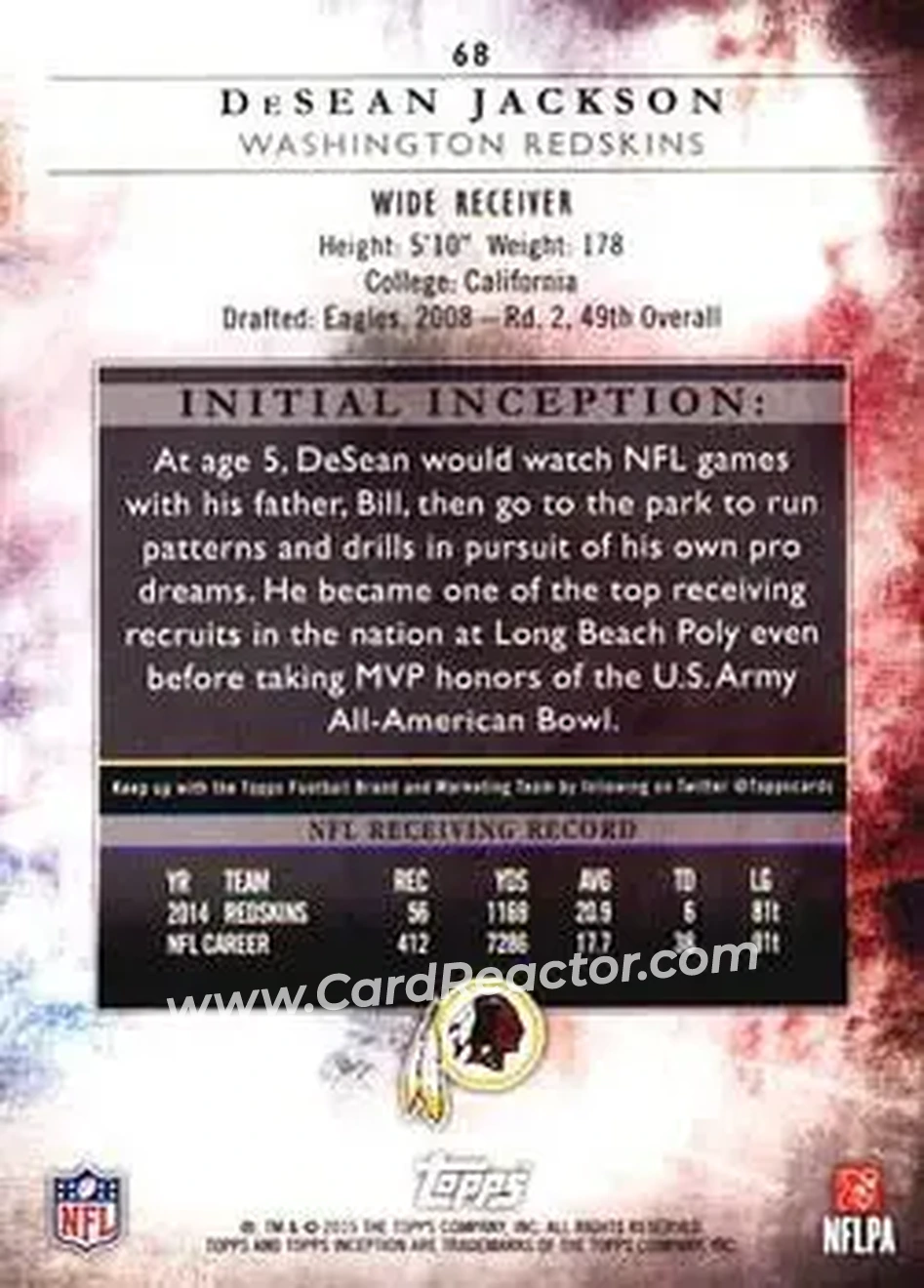 2015 Topps Inception #68 - DeSean Jackson - Washington Redskins - Back
