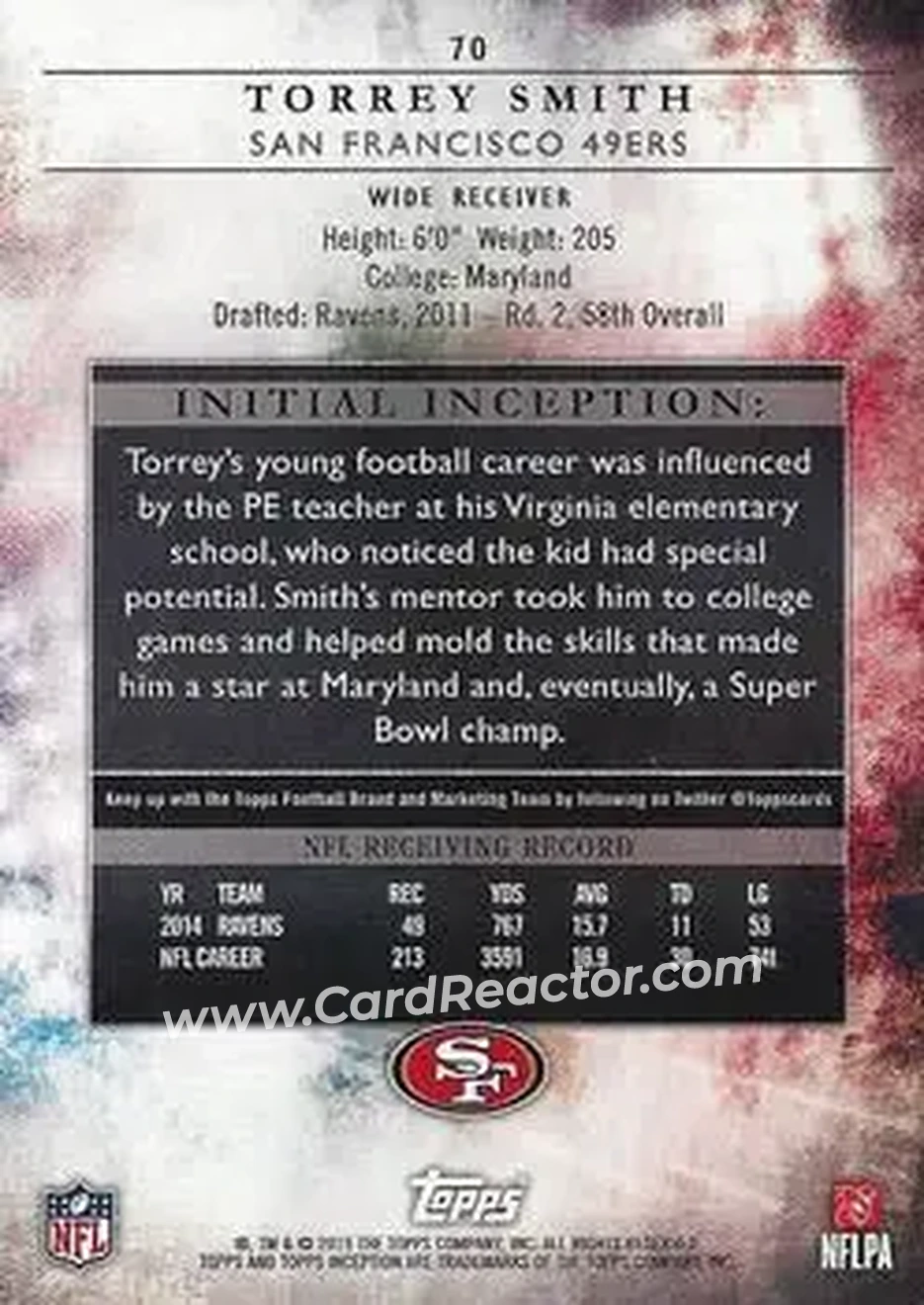 2015 Topps Inception #70 - Torrey Smith - San Francisco 49ers - Back