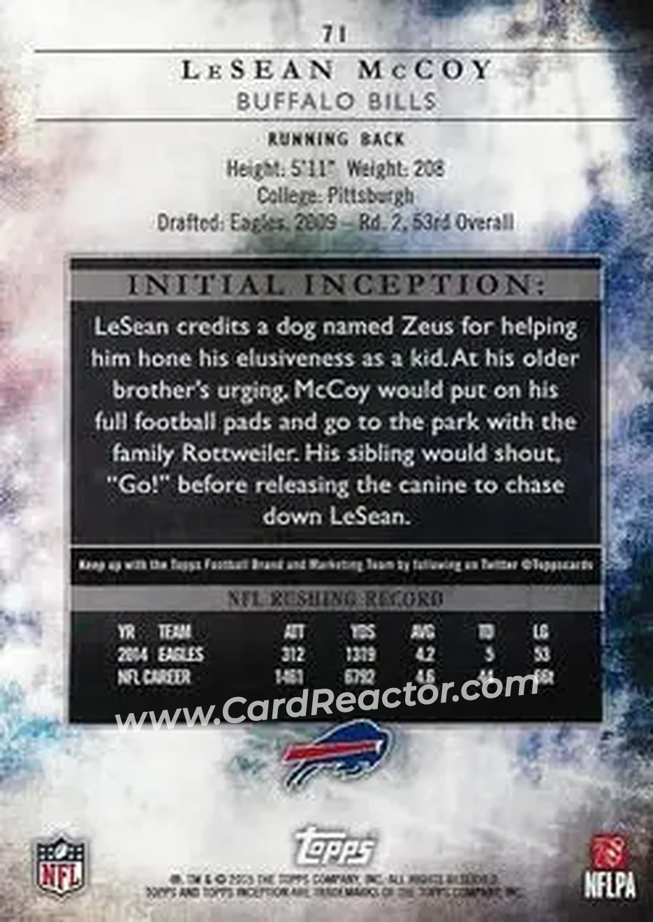 2015 Topps Inception #71 - LeSean McCoy - Buffalo Bills - Back