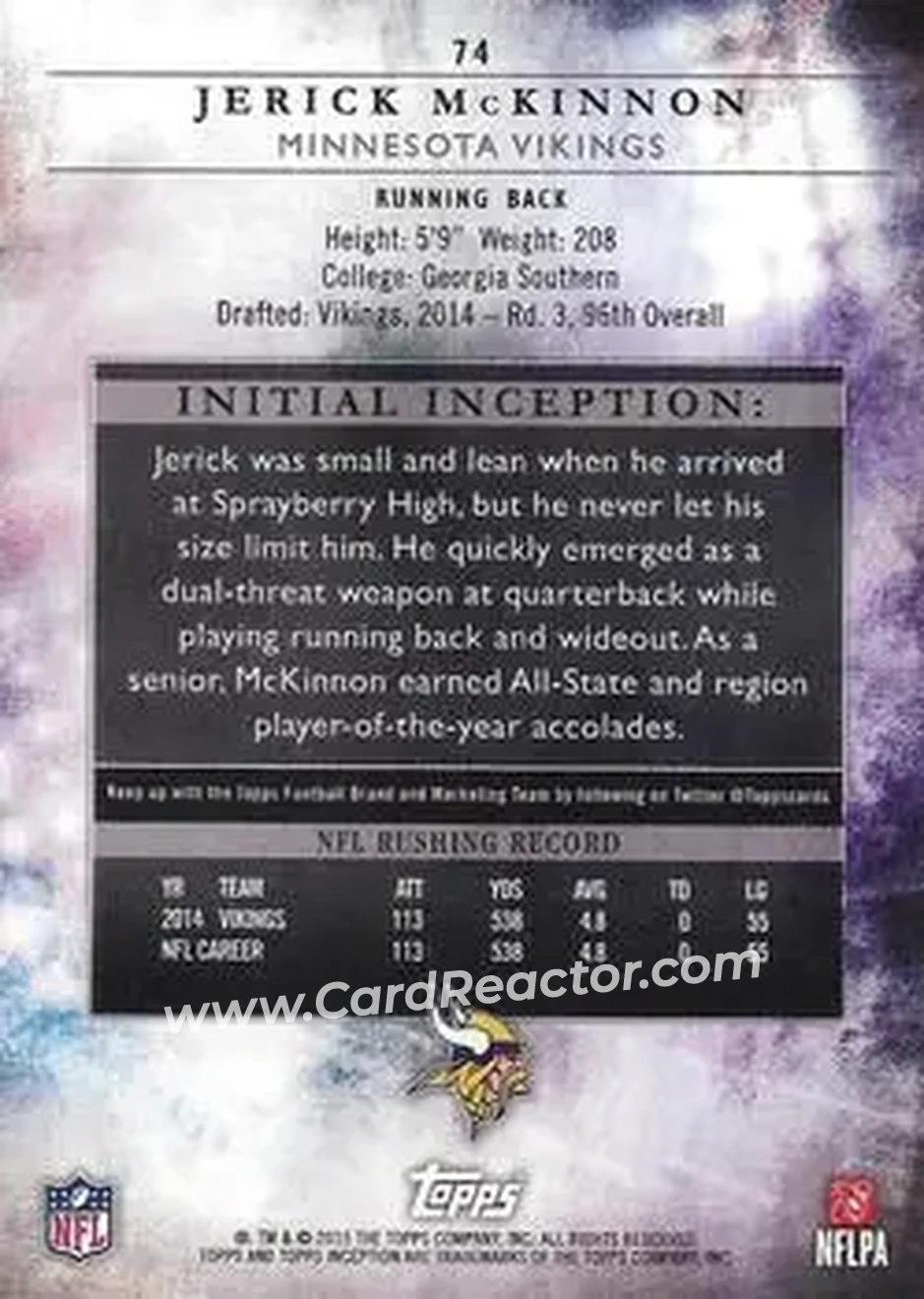 2015 Topps Inception #74 - Jerick McKinnon - Minnesota Vikings - Back