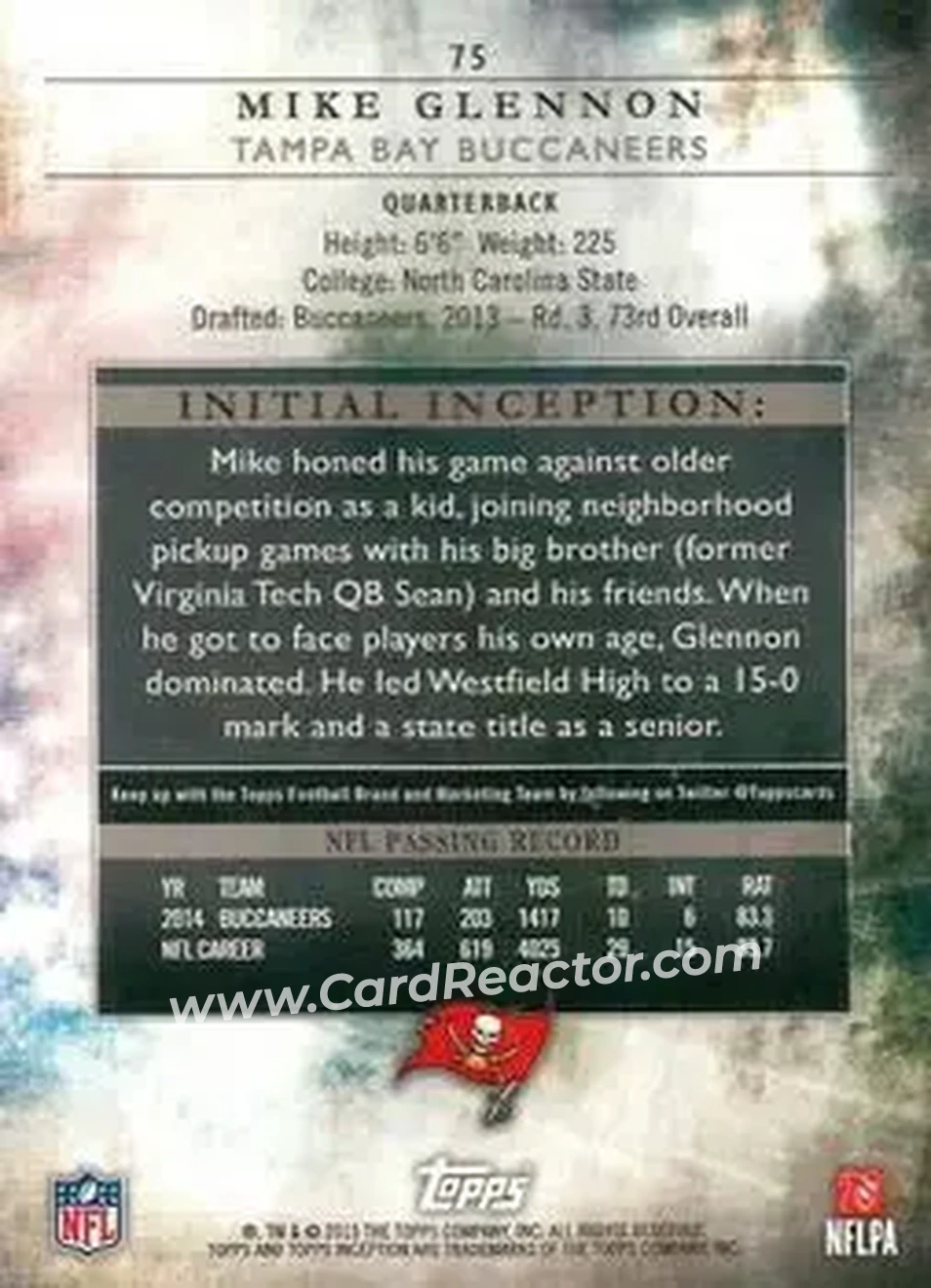 2015 Topps Inception #75 - Mike Glennon - Tampa Bay Buccaneers - Back