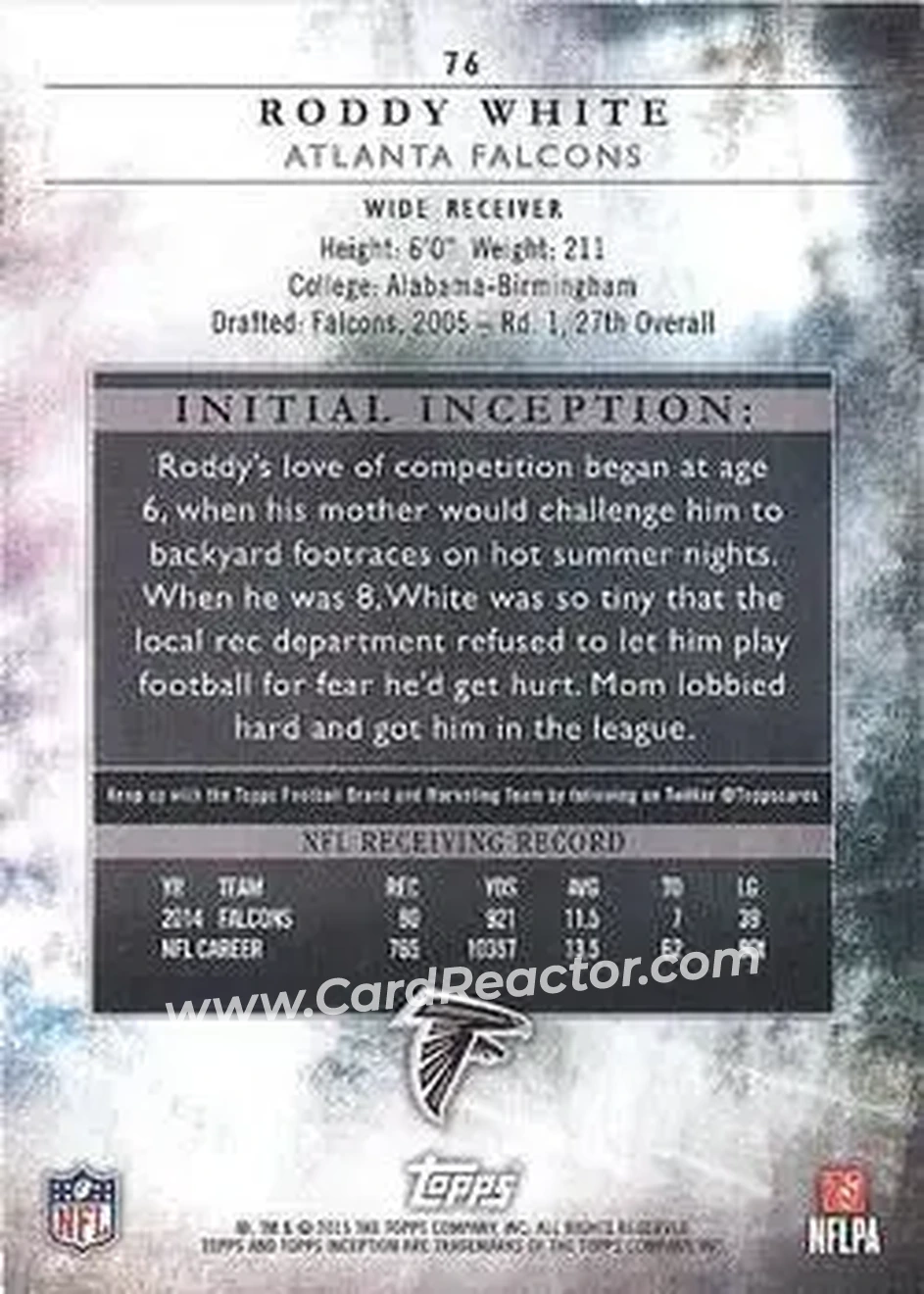 2015 Topps Inception #76 - Roddy White - Atlanta Falcons - Back