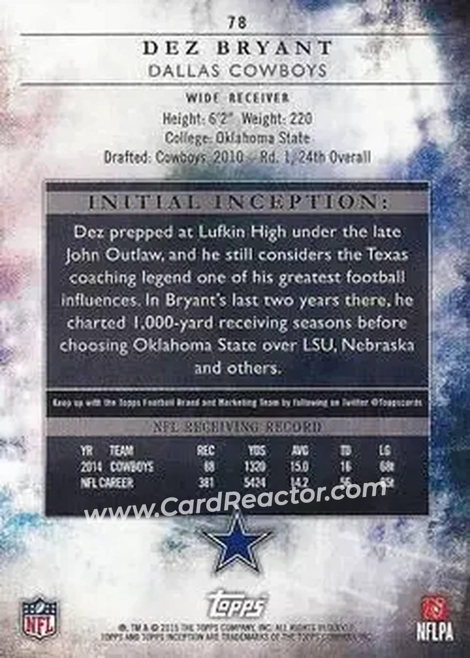 2015 Topps Inception #78 - Dez Bryant - Dallas Cowboys - Back