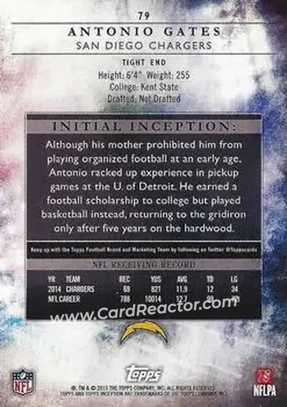 2015 Topps Inception #79 - Antonio Gates - San Diego Chargers - Back