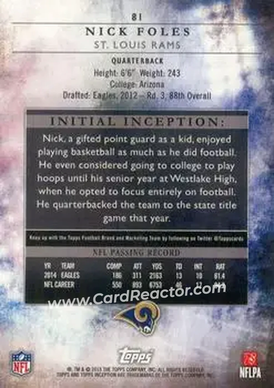 2015 Topps Inception #81 - Nick Foles - St. Louis Rams - Back