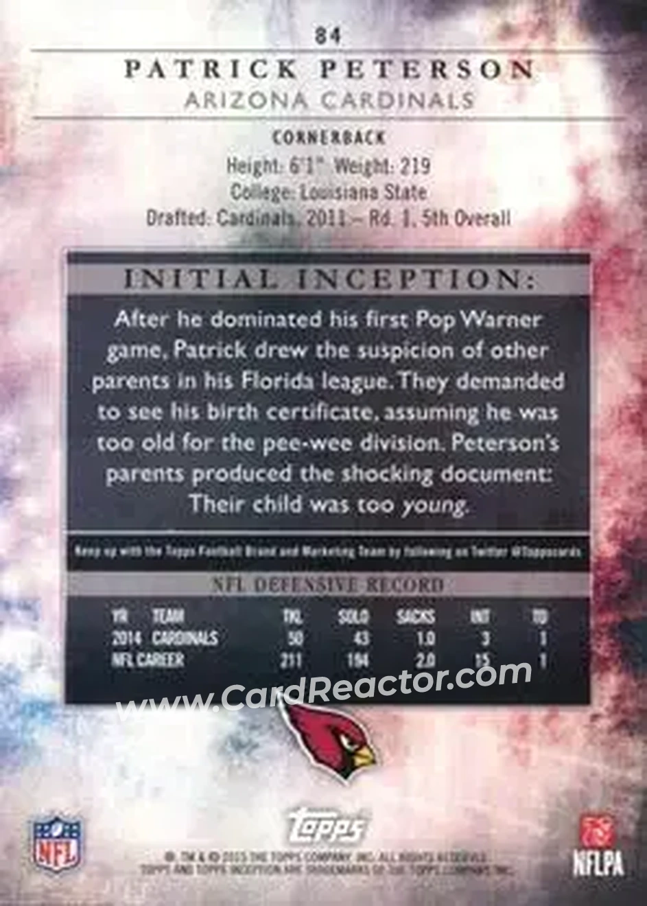 2015 Topps Inception #84 - Patrick Peterson - Arizona Cardinals - Back