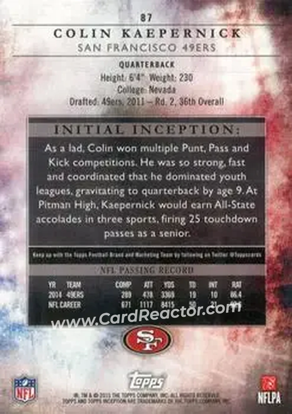 2015 Topps Inception #87 - Colin Kaepernick - San Francisco 49ers - Back