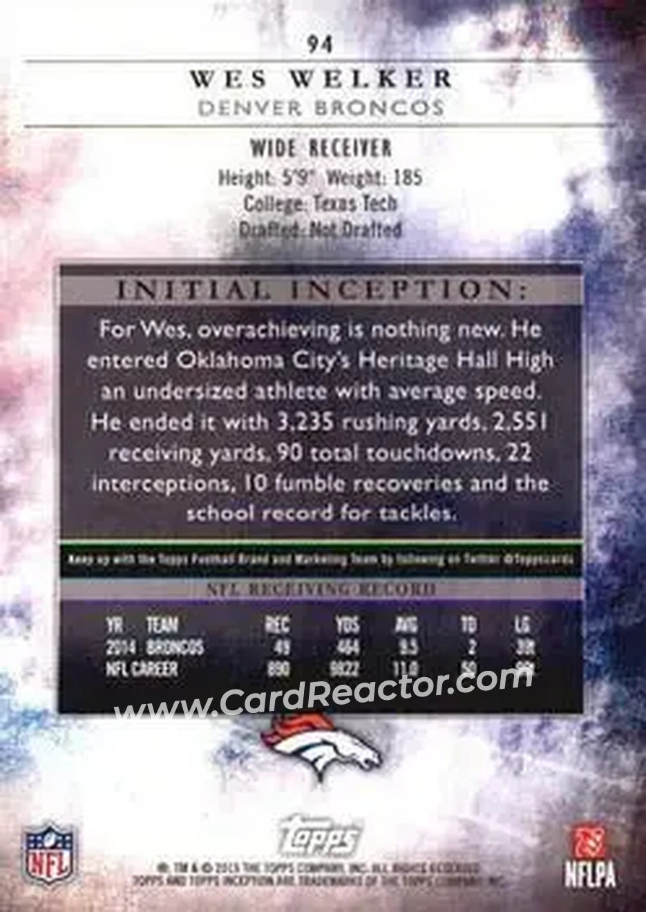 2015 Topps Inception #94 - Wes Welker - Denver Broncos - Back