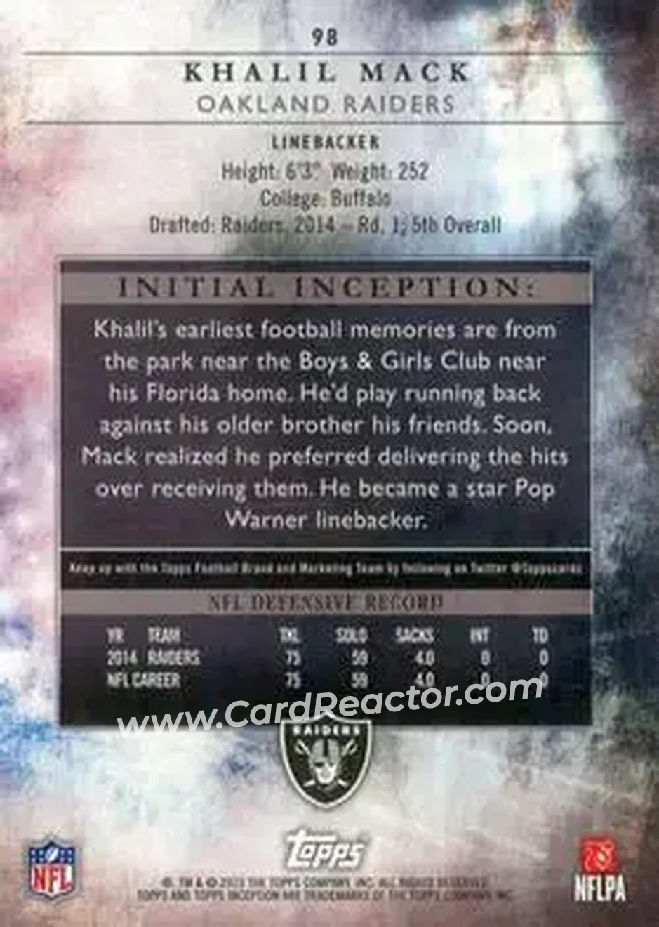 2015 Topps Inception #98 - Khalil Mack - Oakland Raiders - Back