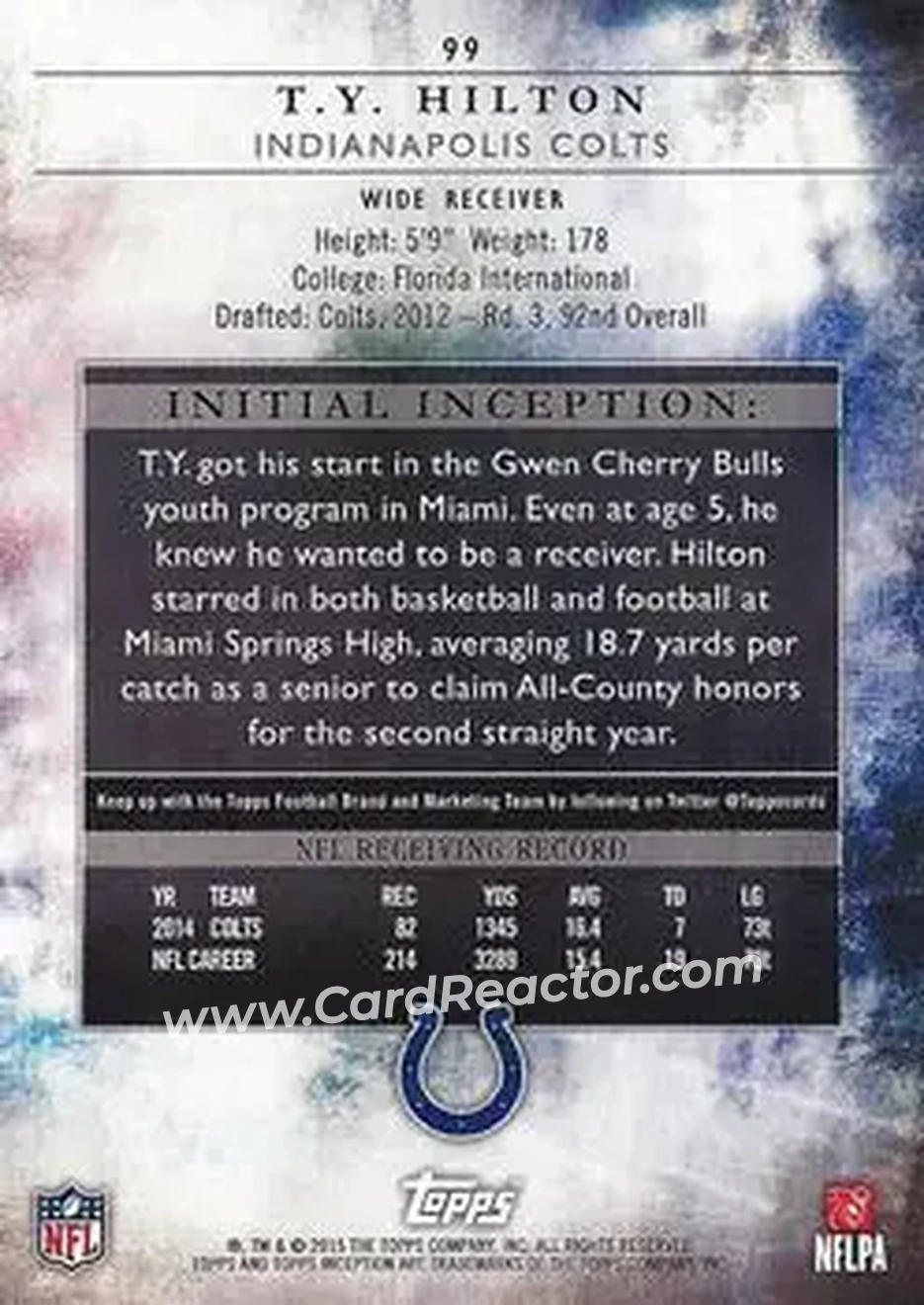 2015 Topps Inception #99 - T.Y. Hilton - Indianapolis Colts - Back