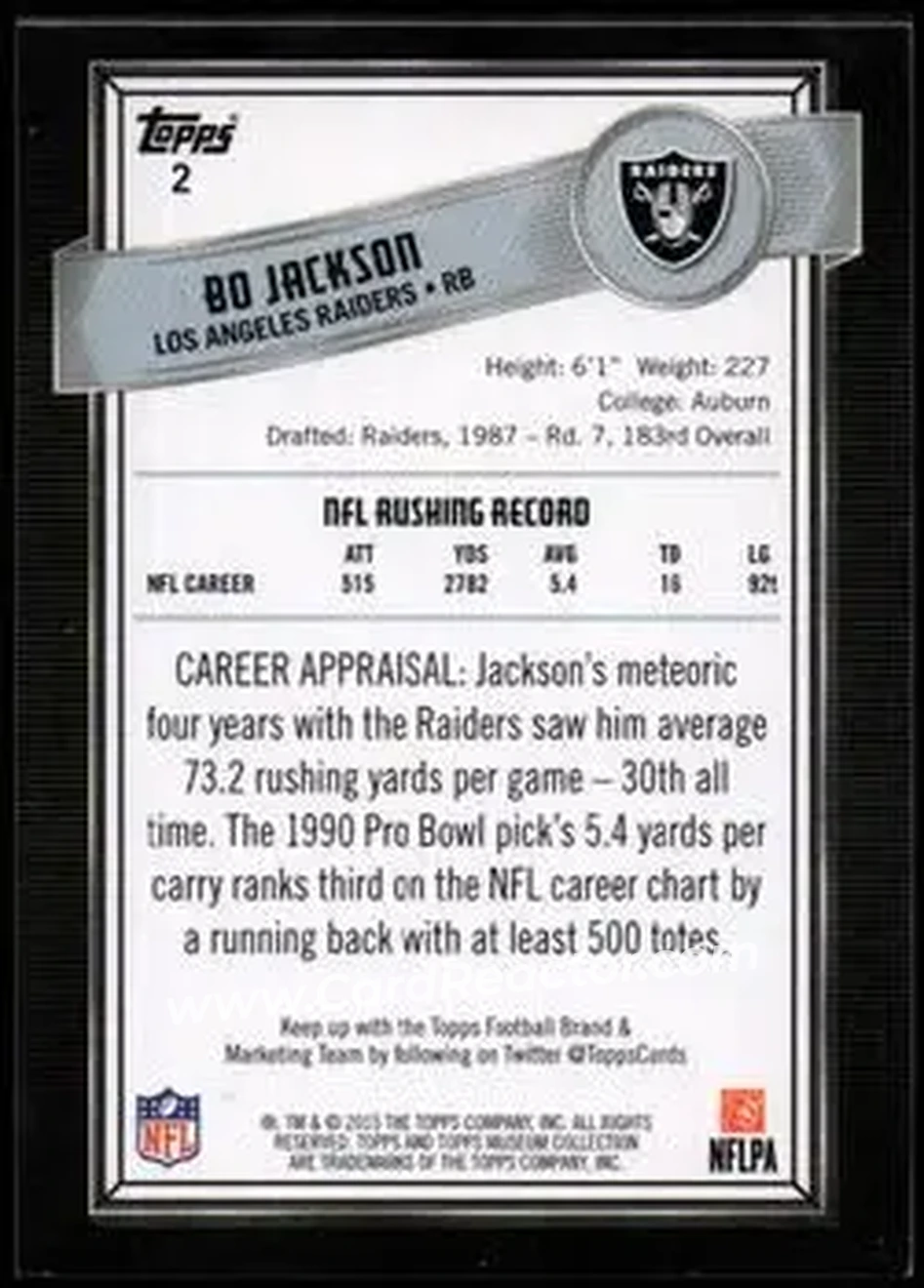 2015 Topps Museum Collection #2 - Bo Jackson - Los Angeles Raiders - Back
