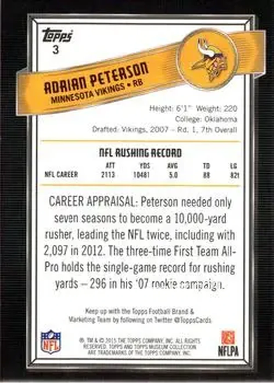 2015 Topps Museum Collection #3 - Adrian Peterson - Minnesota Vikings - Back