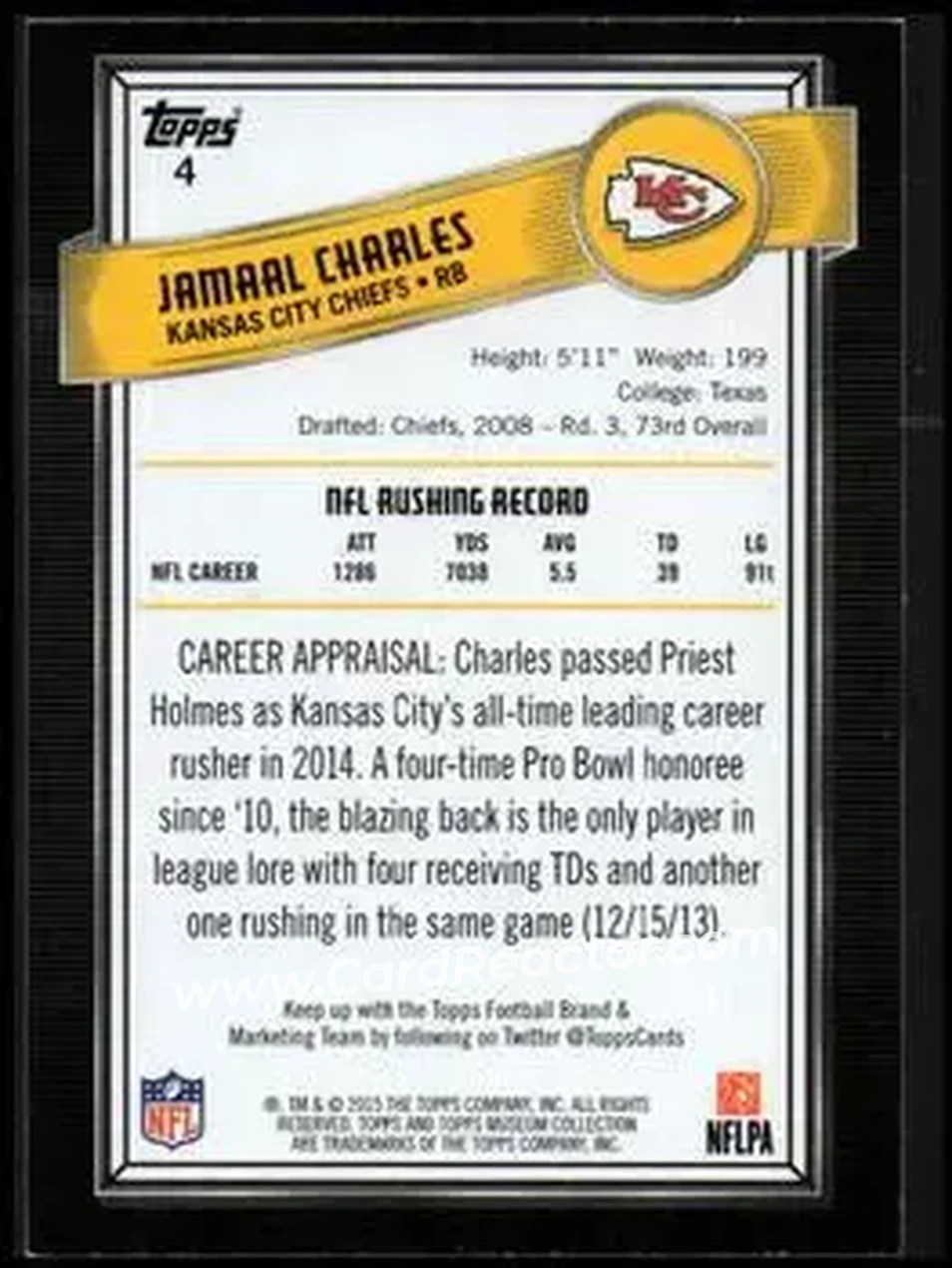 2015 Topps Museum Collection #4 - Jamaal Charles - Kansas City Chiefs - Back
