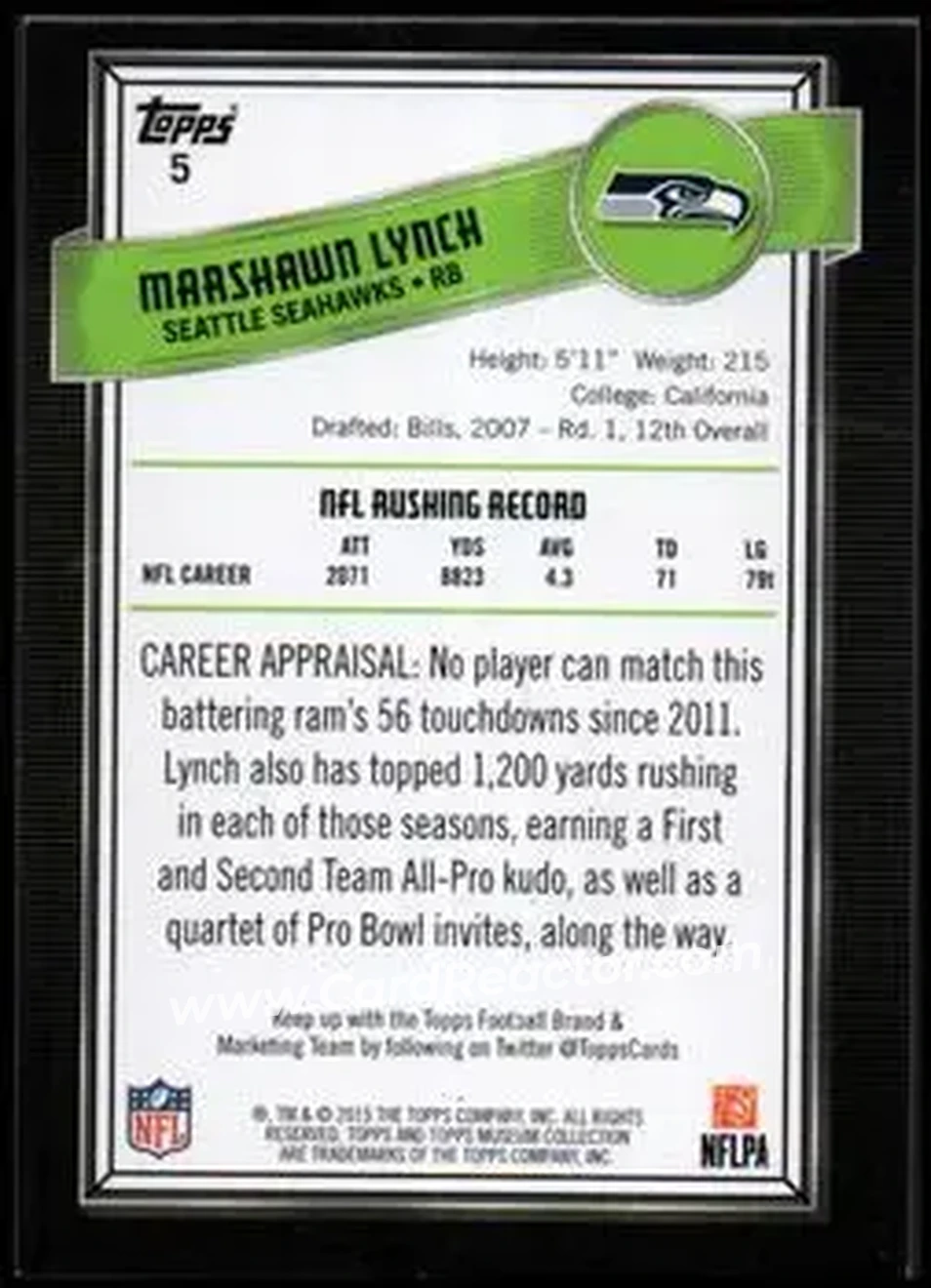 2015 Topps Museum Collection #5 - Marshawn Lynch - Seattle Seahawks - Back