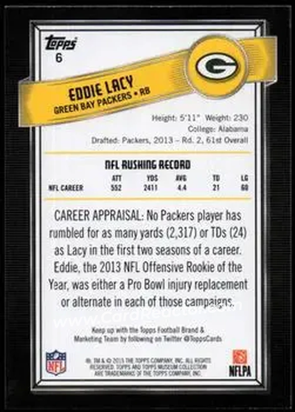 2015 Topps Museum Collection #6 - Eddie Lacy - Green Bay Packers - Back