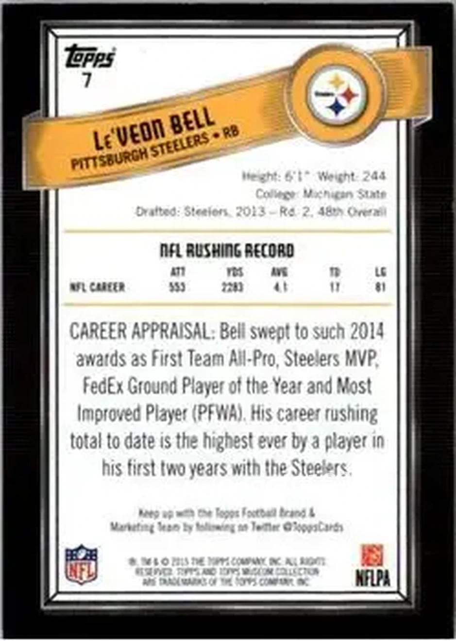 2015 Topps Museum Collection #7 - Le'Veon Bell - Pittsburgh Steelers - Back