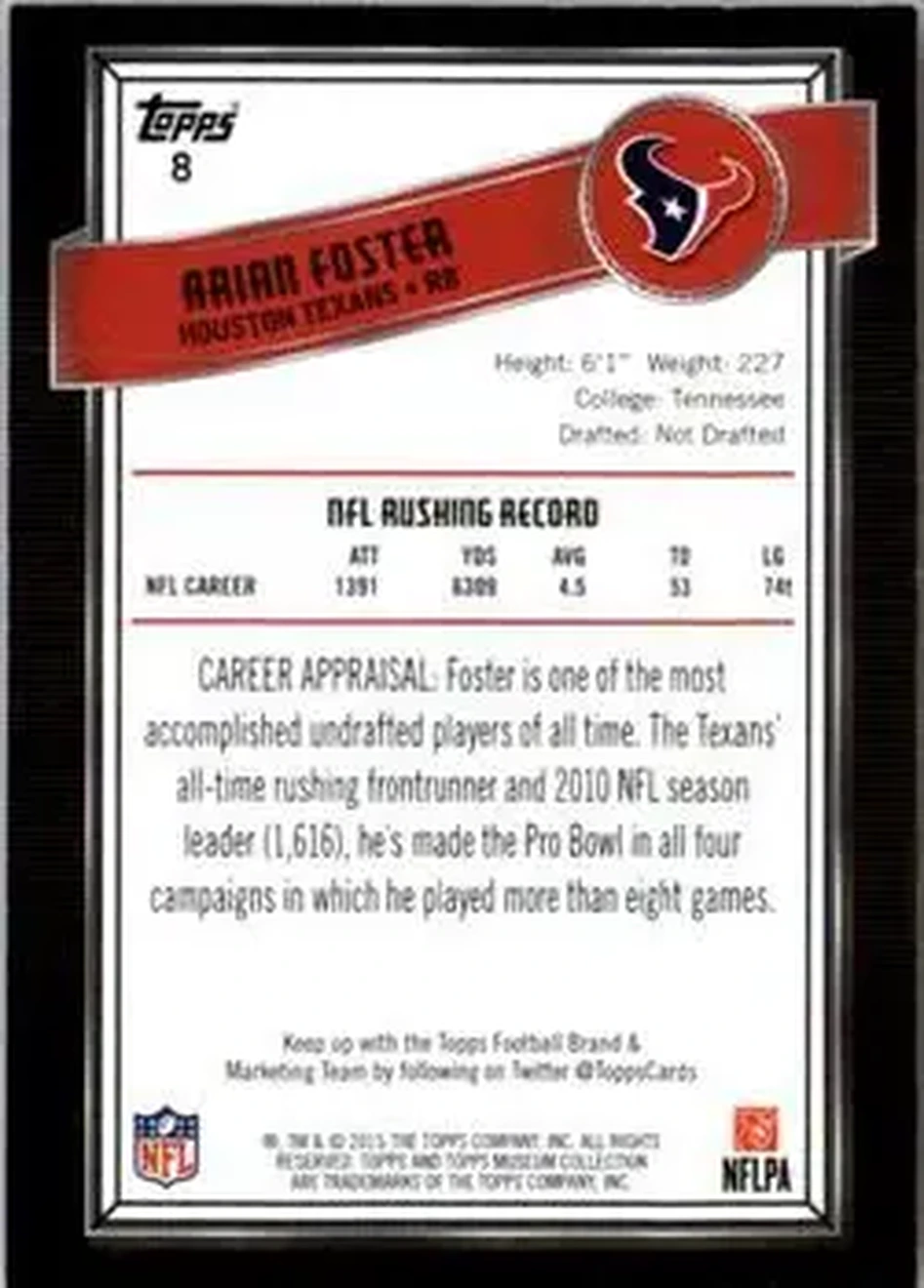2015 Topps Museum Collection #8 - Arian Foster - Houston Texans - Back