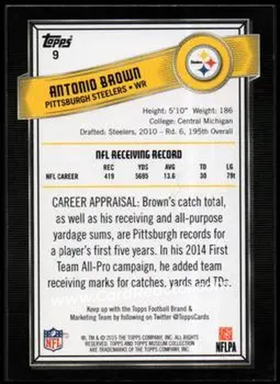 2015 Topps Museum Collection #9 - Antonio Brown - Pittsburgh Steelers - Back