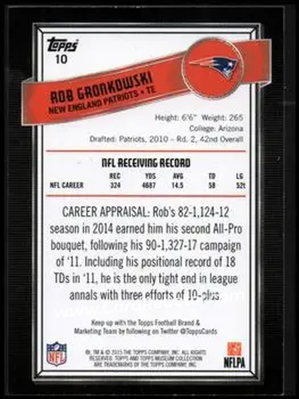 2015 Topps Museum Collection #10 - Rob Gronkowski - New England Patriots - Back