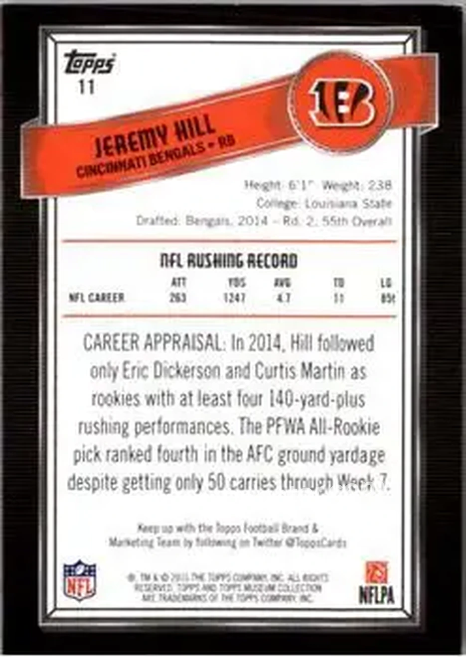 2015 Topps Museum Collection #11 - Jeremy Hill - Cincinnati Bengals - Back