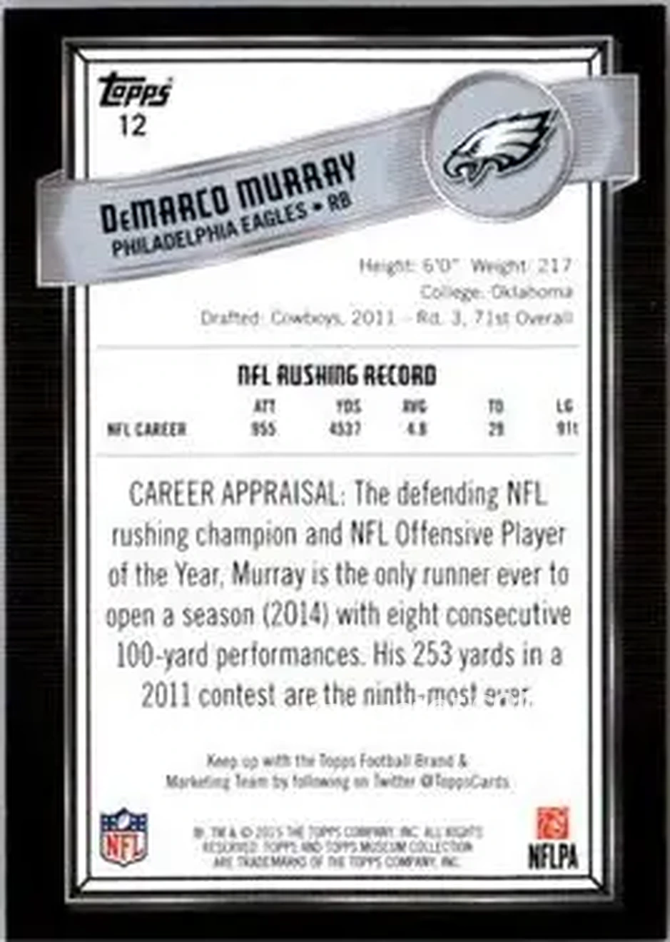 2015 Topps Museum Collection #12 - DeMarco Murray - Philadelphia Eagles - Back