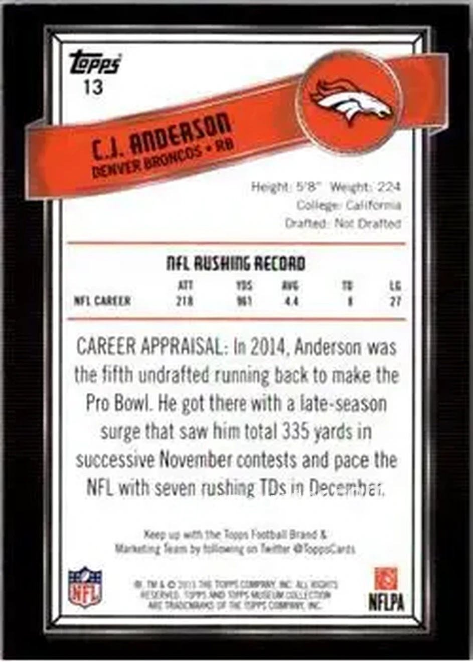 2015 Topps Museum Collection #13 - C.J. Anderson - Denver Broncos - Back