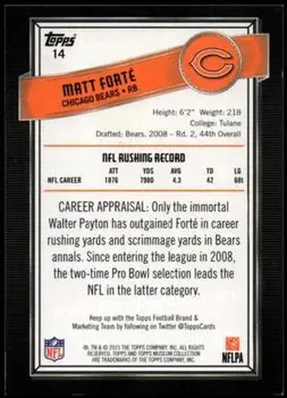 2015 Topps Museum Collection #14 - Matt Forte - Chicago Bears - Back