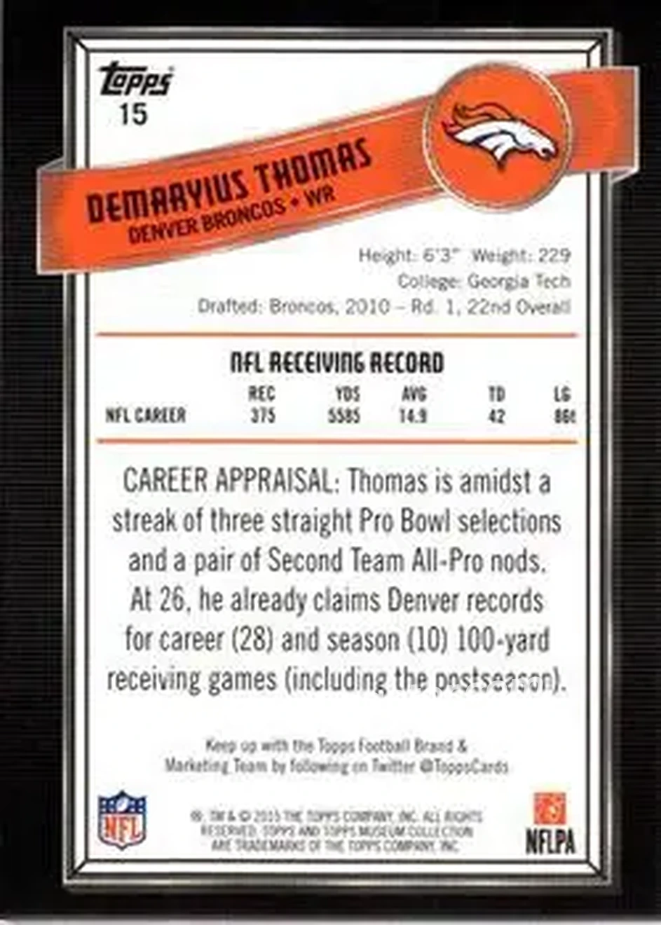 2015 Topps Museum Collection #15 - Demaryius Thomas - Denver Broncos - Back