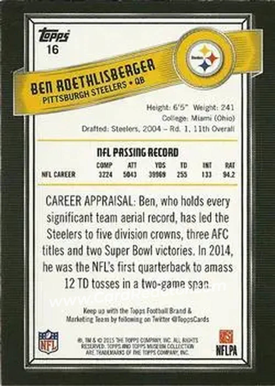 2015 Topps Museum Collection #16 - Ben Roethlisberger - Pittsburgh Steelers - Back