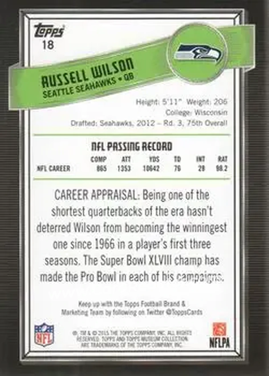 2015 Topps Museum Collection #18 - Russell Wilson - Seattle Seahawks - Back