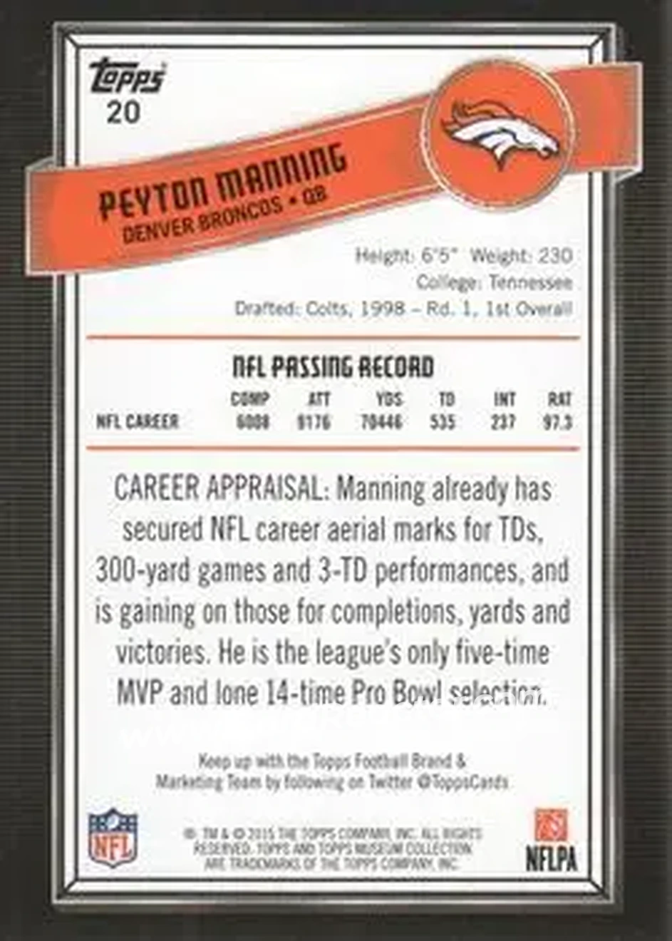 2015 Topps Museum Collection #20 - Peyton Manning - Denver Broncos - Back