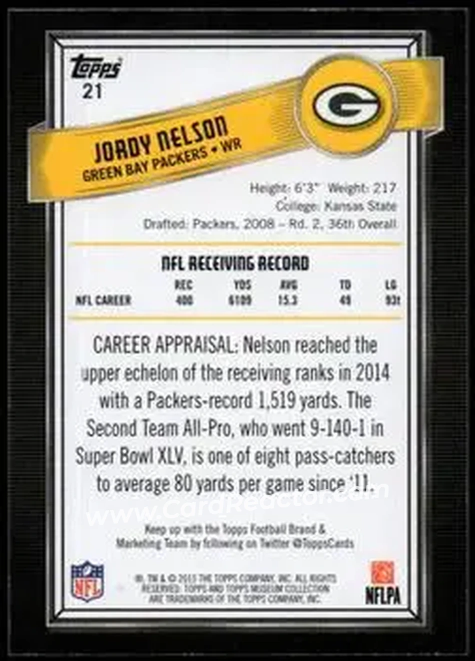 2015 Topps Museum Collection #21 - Jordy Nelson - Green Bay Packers - Back