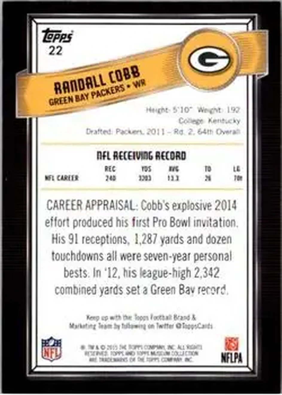 2015 Topps Museum Collection #22 - Randall Cobb - Green Bay Packers - Back