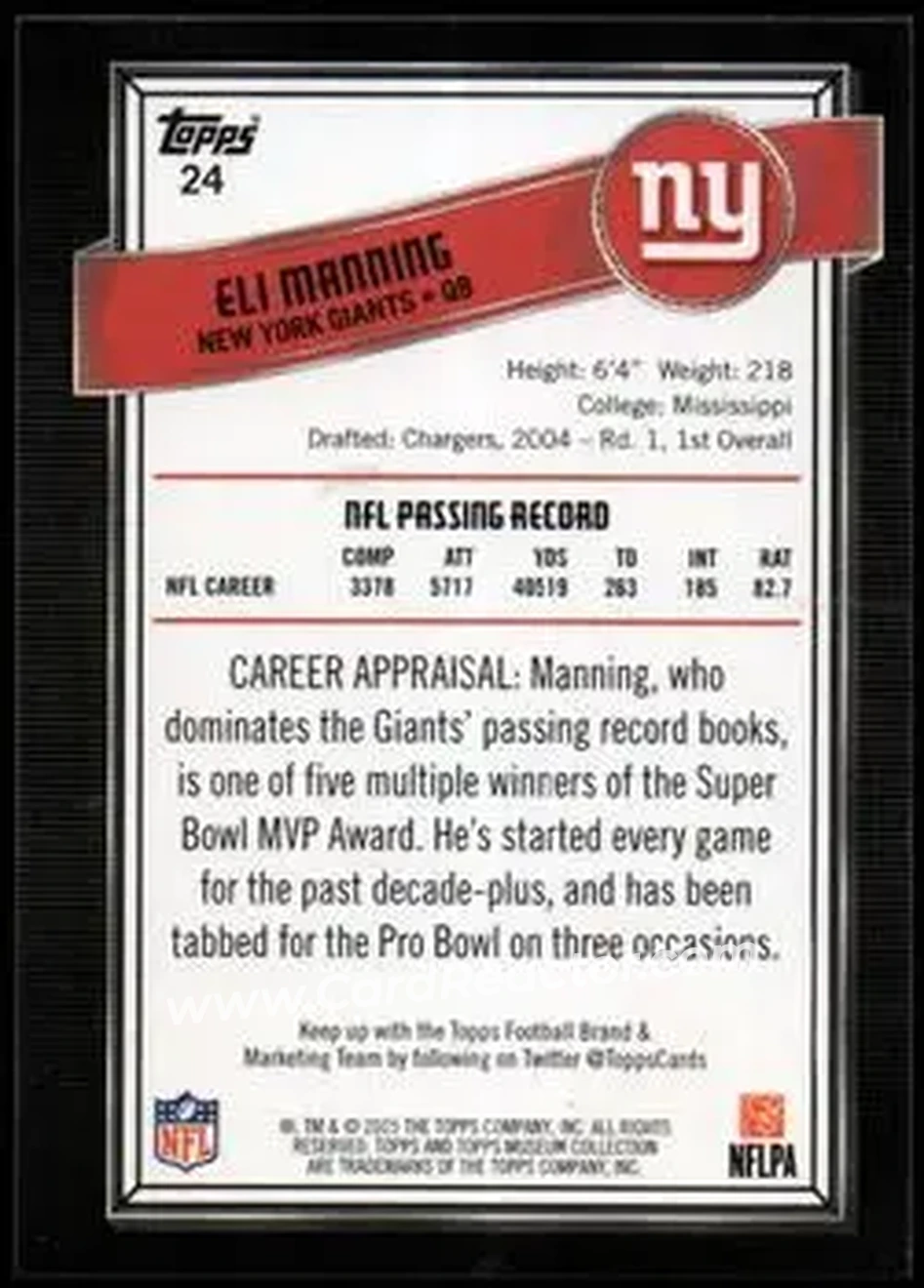 2015 Topps Museum Collection #24 - Eli Manning - New York Giants - Back
