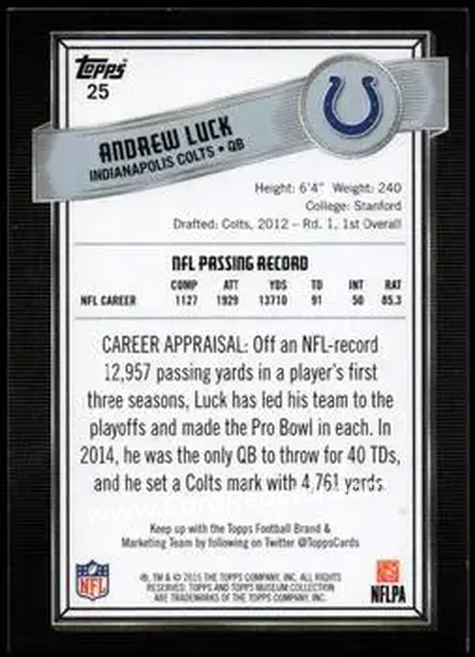 2015 Topps Museum Collection #25 - Andrew Luck - Indianapolis Colts - Back