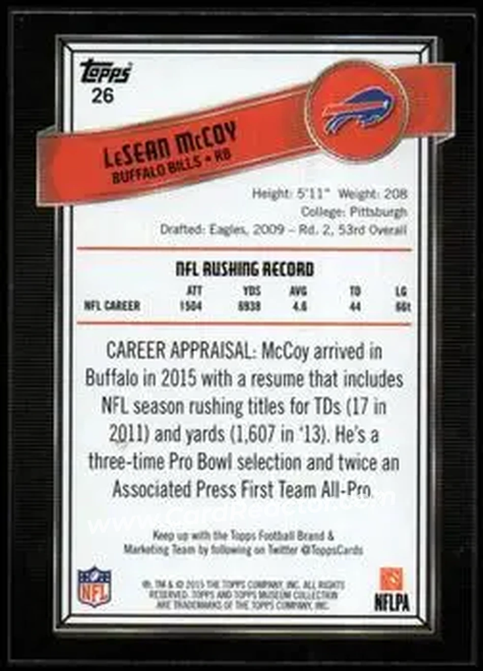 2015 Topps Museum Collection #26 - LeSean McCoy - Buffalo Bills - Back