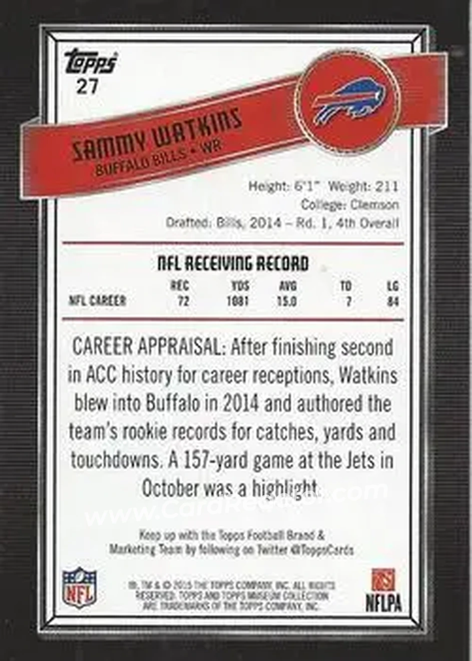 2015 Topps Museum Collection #27 - Sammy Watkins - Buffalo Bills - Back