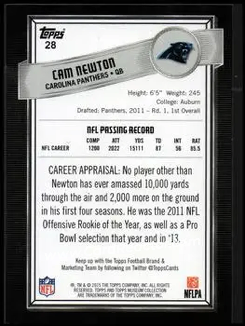 2015 Topps Museum Collection #28 - Cam Newton - Carolina Panthers - Back