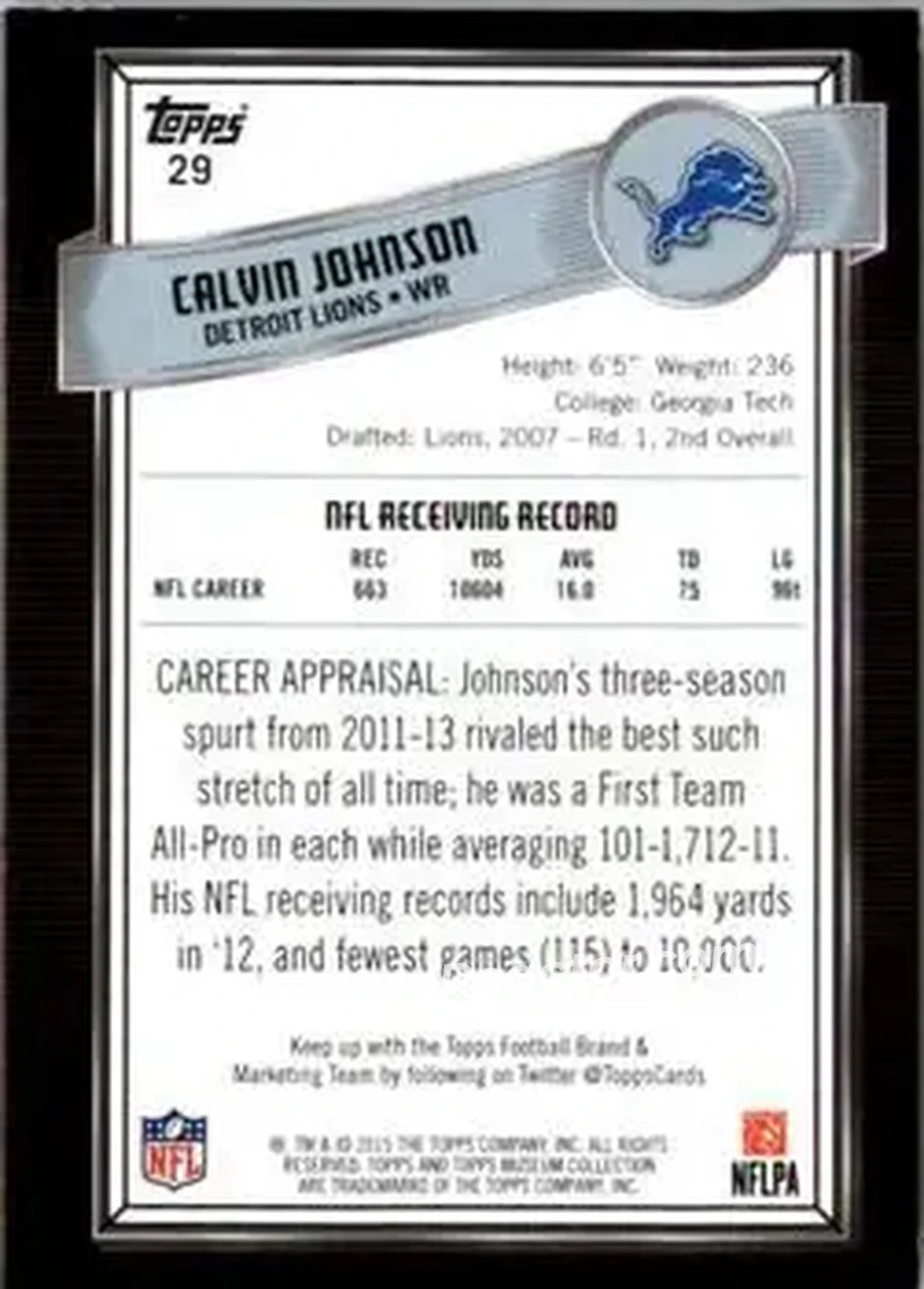 2015 Topps Museum Collection #29 - Calvin Johnson - Detroit Lions - Back