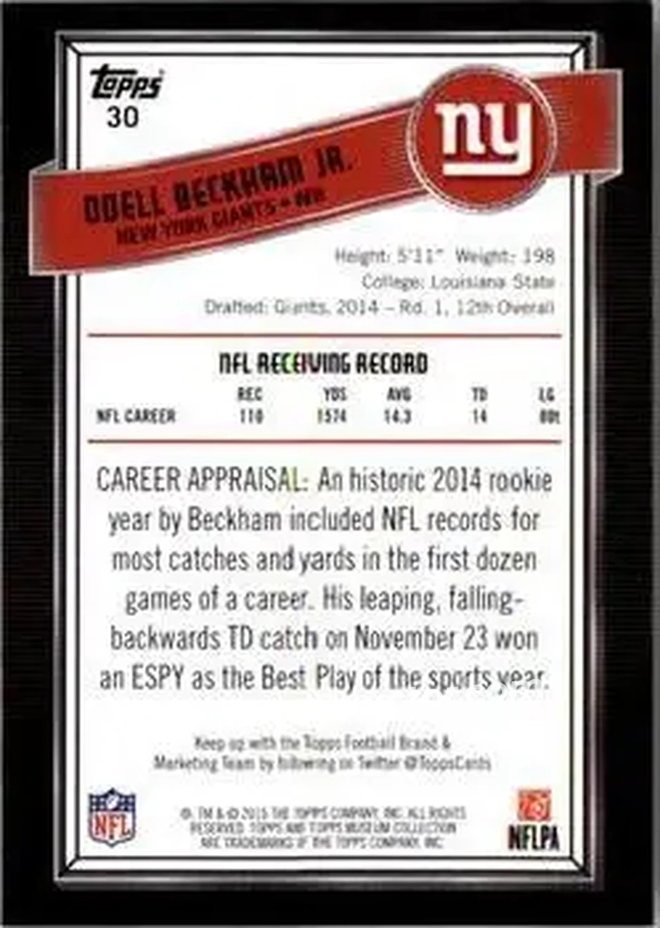 2015 Topps Museum Collection #30 - Odell Beckham Jr. - New York Giants - Back
