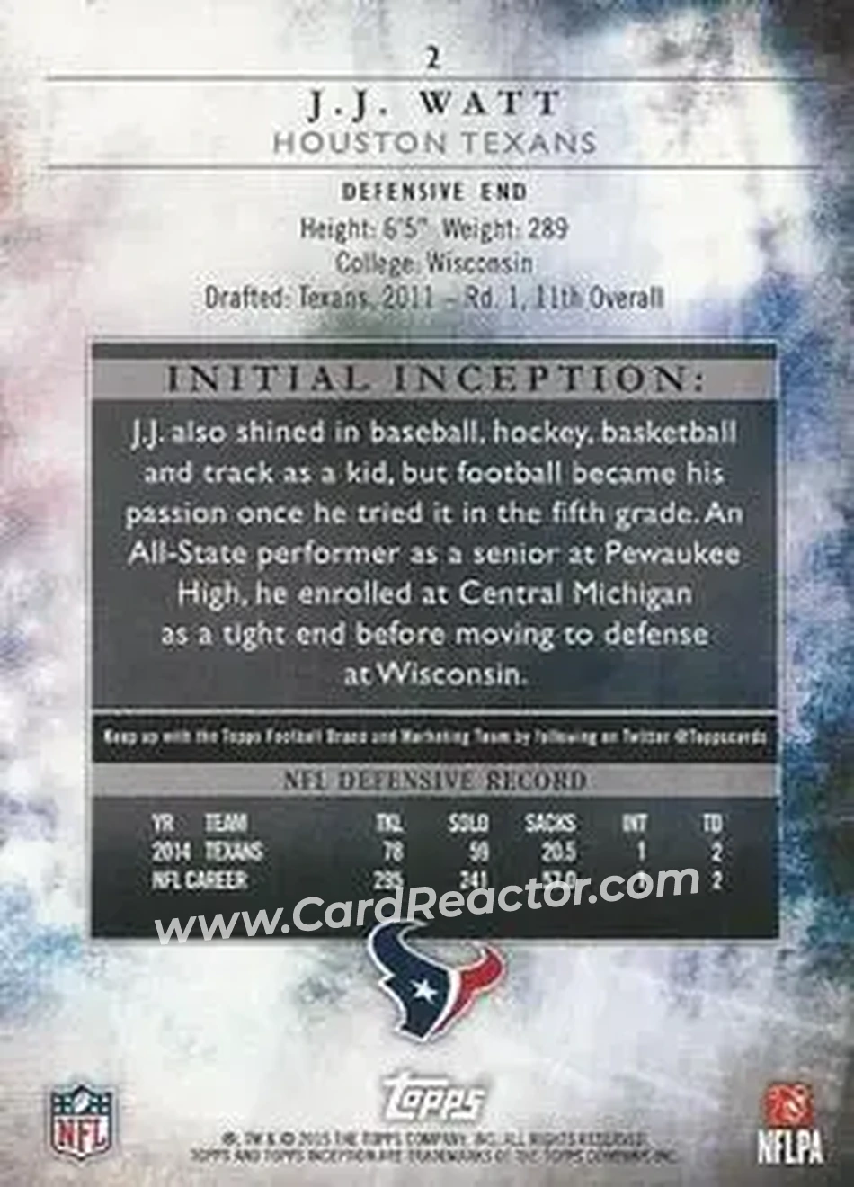 2015 Topps Inception - Blue #2 - J.J. Watt - Houston Texans - Back