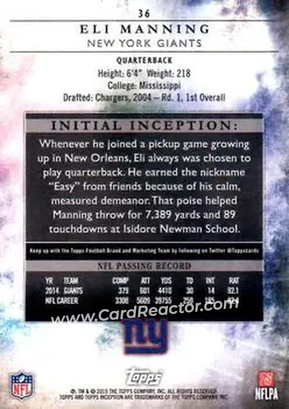 2015 Topps Inception - Blue #36 - Eli Manning - New York Giants - Back